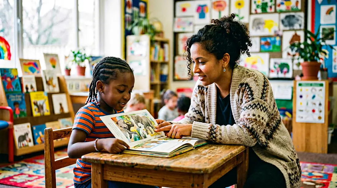 Integrationsfachkraft Schule & Kita Weiterbildung – Fachkraft liest mit Kind