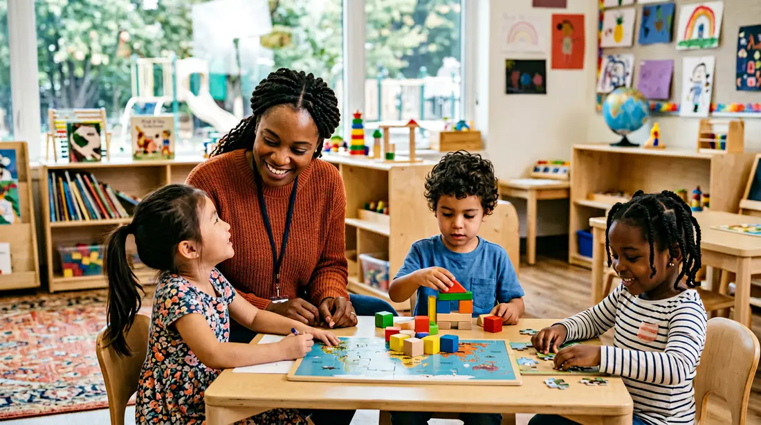 Pädagogische Assistenzkraft Schule & Kita – Fachkraft spielt mit diversen Kindern