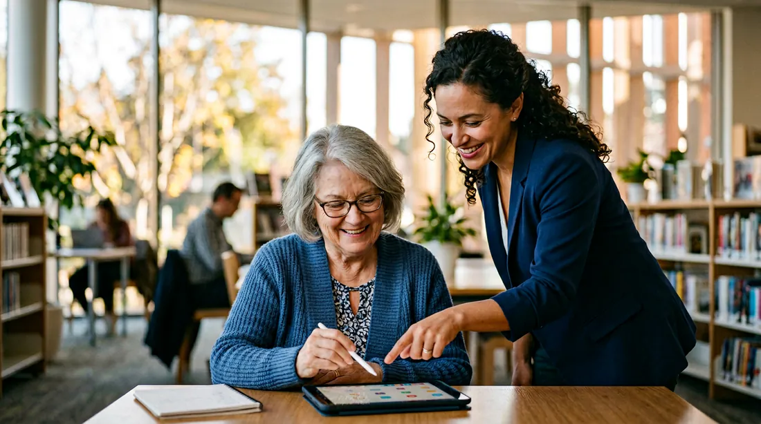 Trainer:in für digitale Grundkompetenzen – Trainerin zeigt Seniorin den Umgang mit dem Tablet